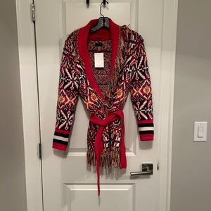 NWT MOTHER The Belted Short Cardigan Fringed Sweater XS Bass Culture